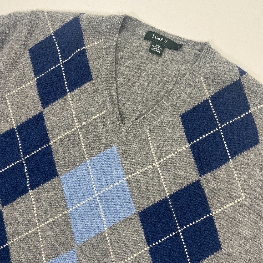 Vintage J.Crew Y2K Argyle Sweater 100% Lambswool V-Neck Preppy Academia Mens L